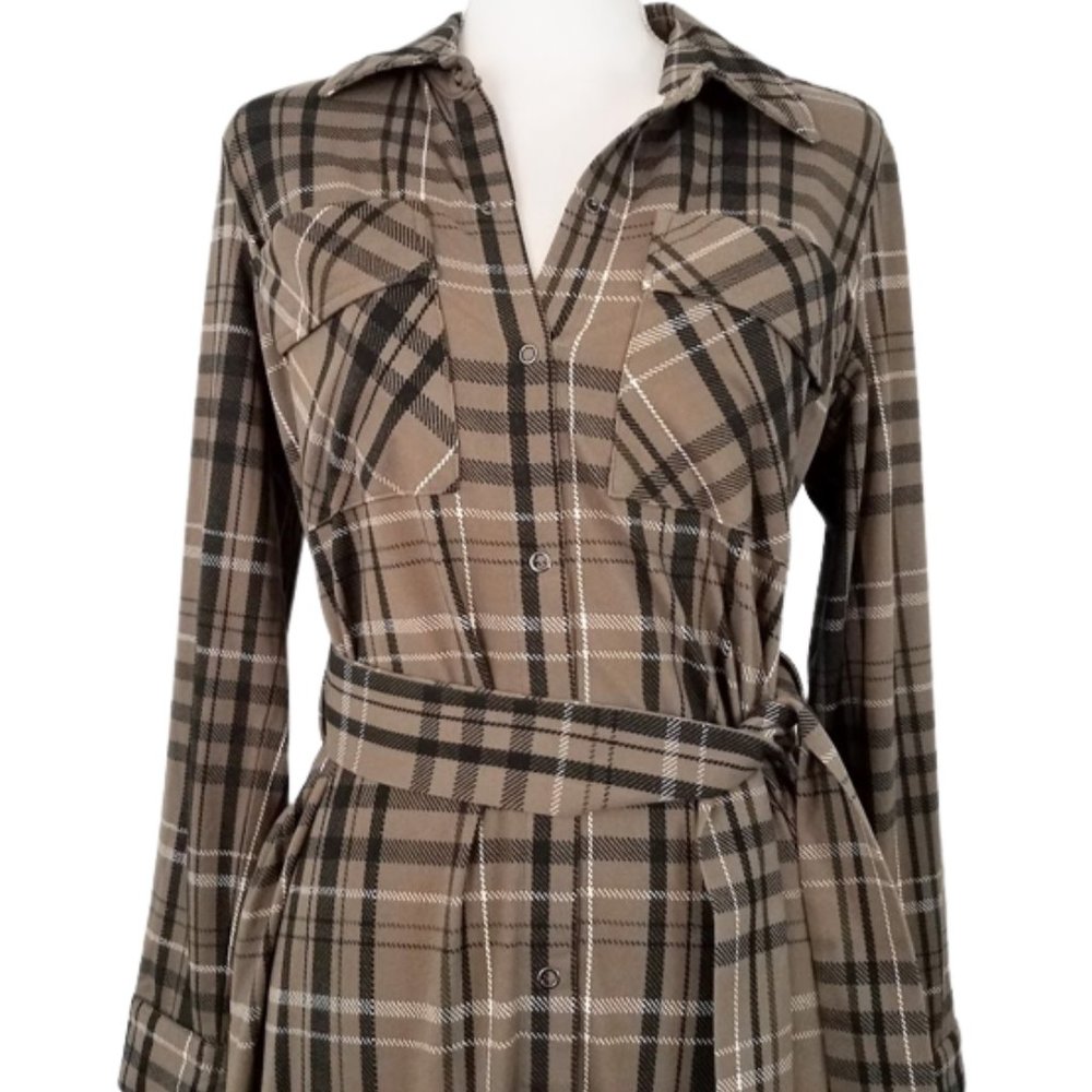 G.I.L.I. GOT IT LOVE IT Tan & Black Plaid Snap-Front Maxi Dress - Women's SP - Picture 3 of 6